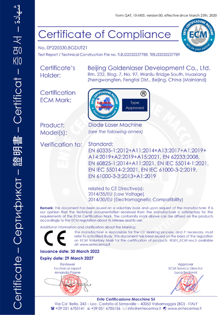 Çin Beijing Goldenlaser Development Co., Ltd Sertifikalar