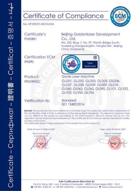 Çin Beijing Goldenlaser Development Co., Ltd Sertifikalar